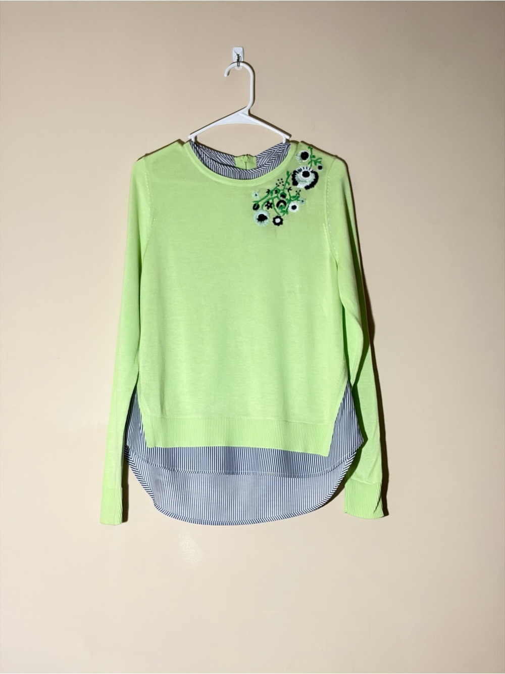 NWT Crown & Ivy XS Lime Green Embroidered & Striped Double Layered Sweater